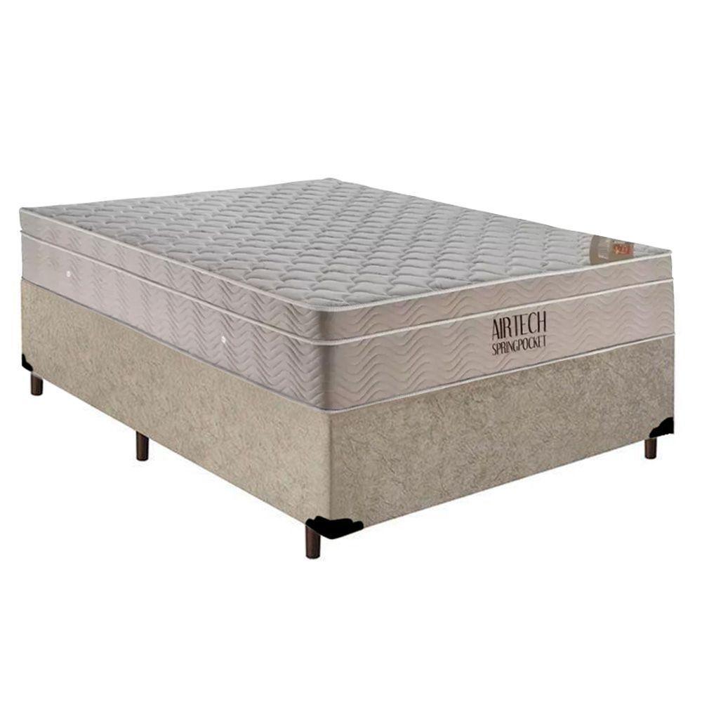Cama Box Casal Suede + Colchão Ortobom Airtech Molas Ensacadas 138x188x65 Bege - 1
