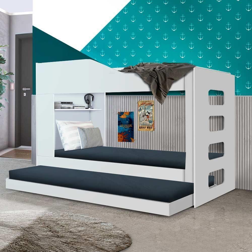 Treliche Beliche Com Cama Auxiliar 2 Em 1 Com Prateleira Branco - 1