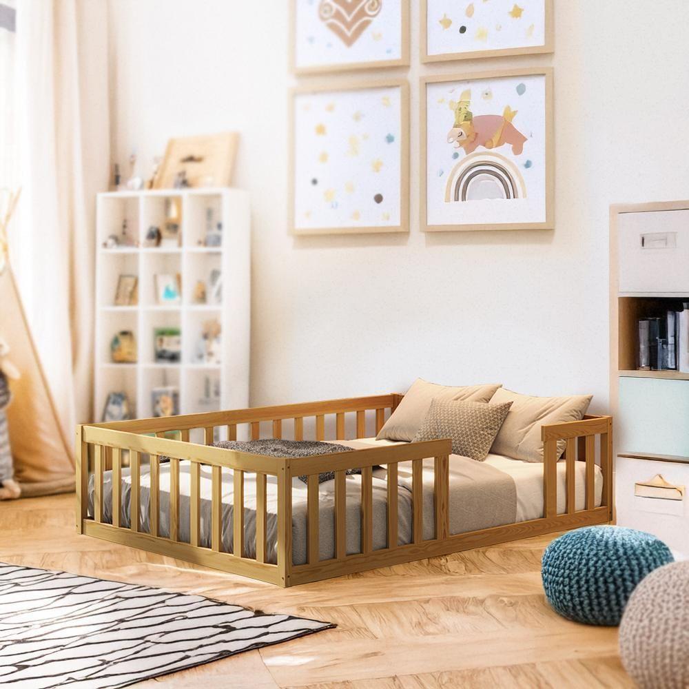 Cama Montessoriana Madeira Maciça Casal Nogueira Com Colchão - 1