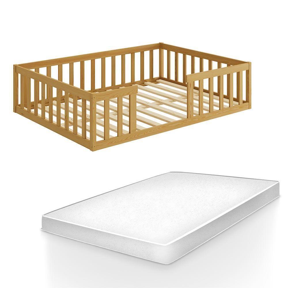 Cama Montessoriana Madeira Maciça Casal Nogueira Com Colchão - 3