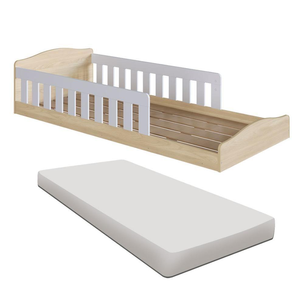 Cama Com Colchão Montessoriana Infantil C- Proteção Lateral - Carvalho-branco - 1