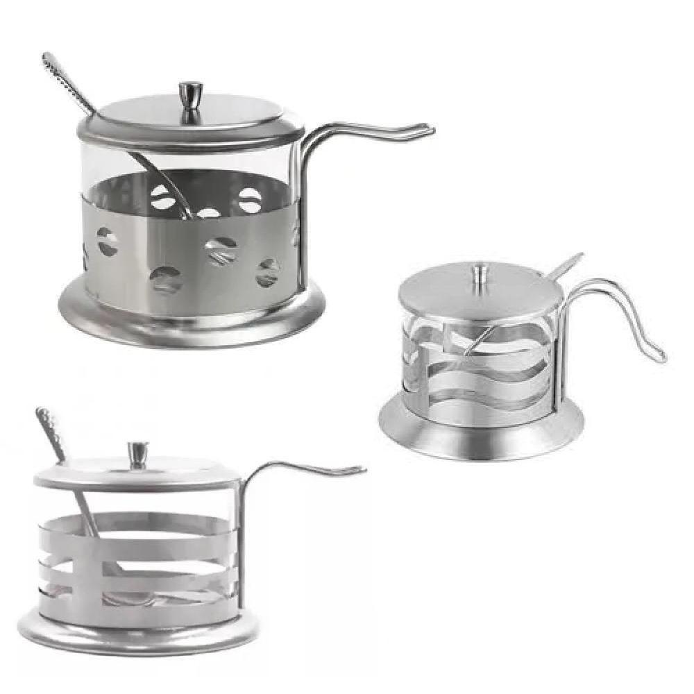Acucareiro Inox Vidro Prata Kit Completo Luxo Colher Tampa Removivel Porta Acucar Sal Pote Alca Cha - 6