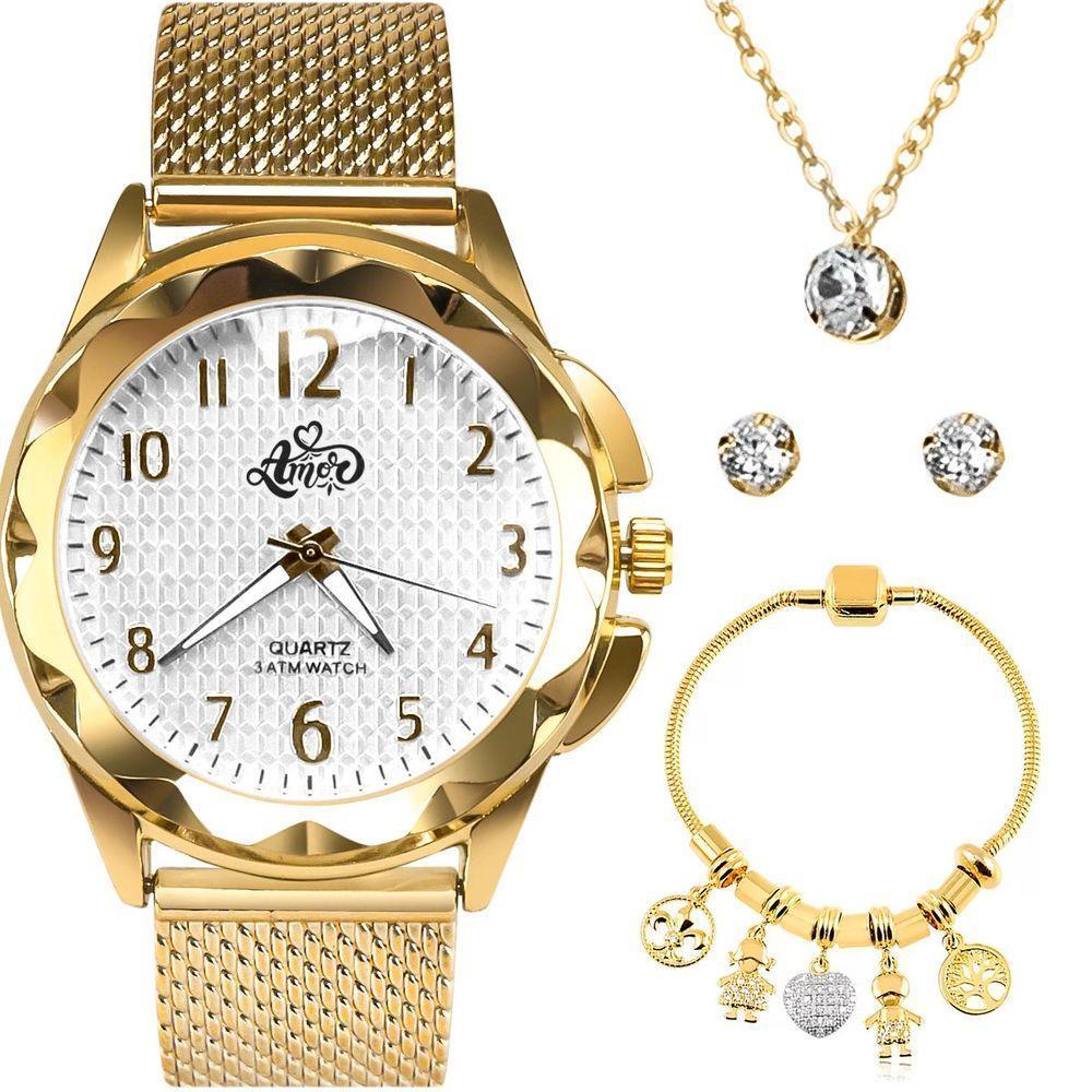 Relógio Feminino Relogio Banhado Dourado + Colar Brincos Aço Inox + Pulseira Silicone Original - 1