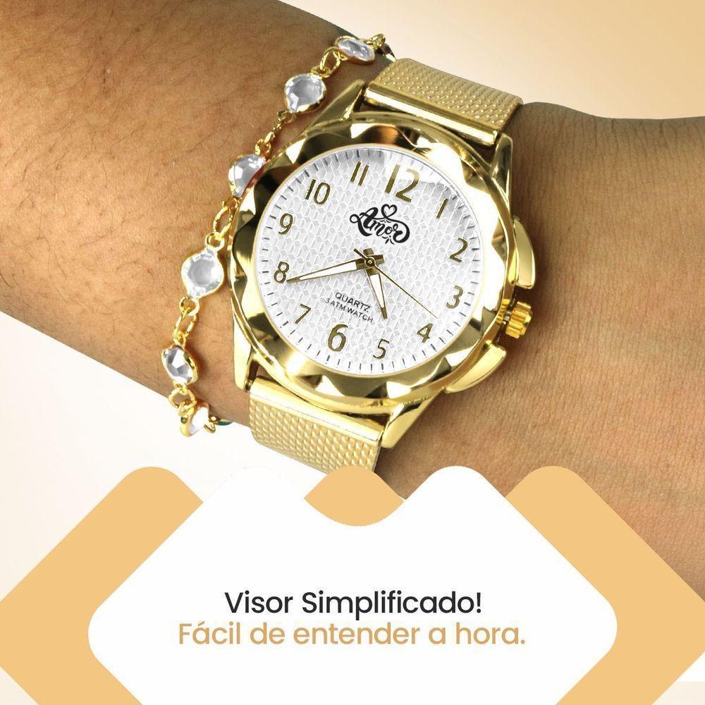 Relógio Feminino Relogio Banhado Dourado + Colar Brincos Aço Inox + Pulseira Silicone Original - 3
