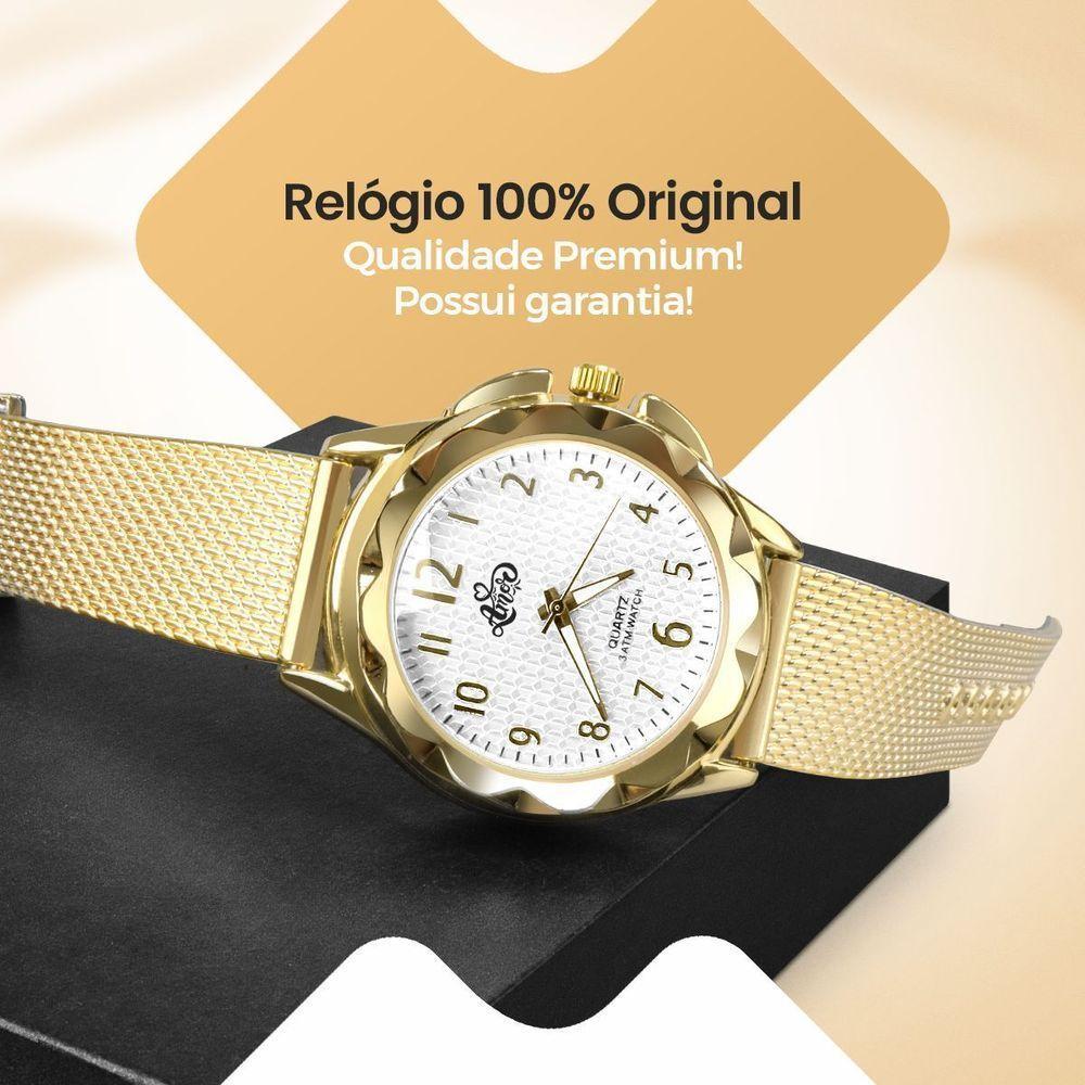 Relógio Feminino Relogio Banhado Dourado + Colar Brincos Aço Inox + Pulseira Silicone Original - 5