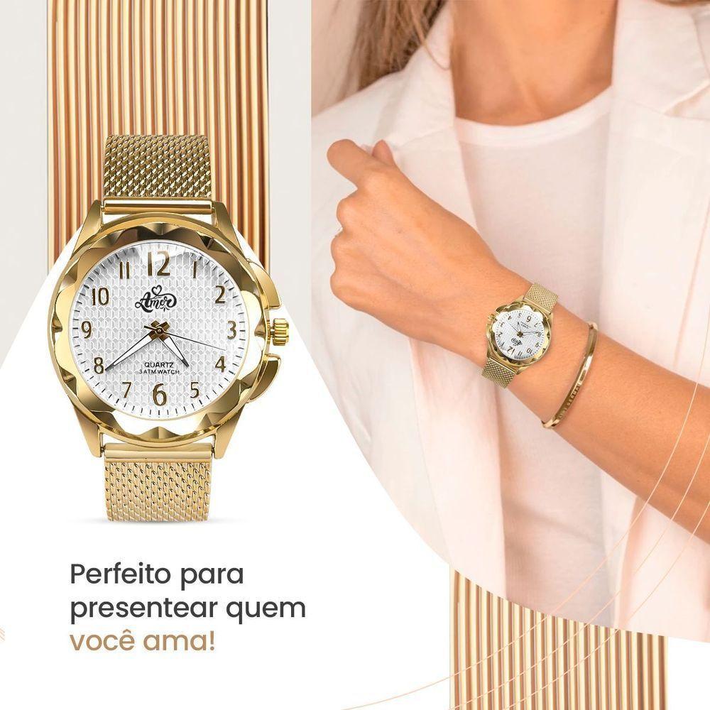 Relógio Feminino Relogio Banhado Dourado + Colar Brincos Aço Inox + Pulseira Silicone Original - 6