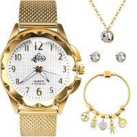 Relógio Feminino Relogio Banhado Dourado + Colar Brincos Aço Inox + Pulseira Silicone Original - 1