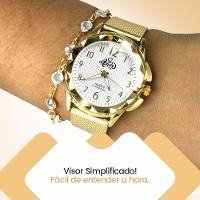 Relógio Feminino Relogio Banhado Dourado + Colar Brincos Aço Inox + Pulseira Silicone Original - 3