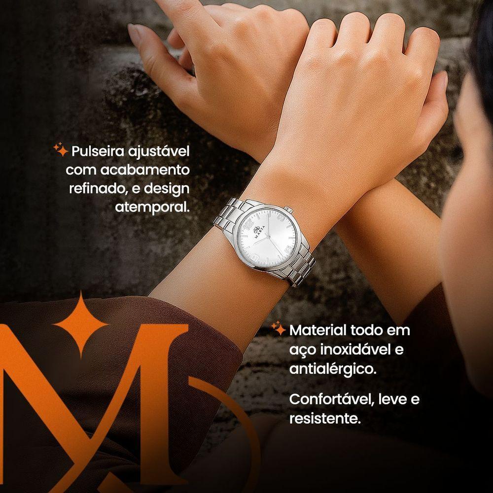 Relogio Prata Feminino Aco Inox + Caixa + Colar Coracao Casual Presente Ponteiro Strass Analogico - 4