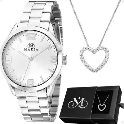 Relogio Prata Feminino Aco Inox + Caixa + Colar Coracao Casual Presente Ponteiro Strass Analogico