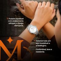 Relogio Prata Feminino Aco Inox + Caixa + Colar Coracao Casual Presente Ponteiro Strass Analogico