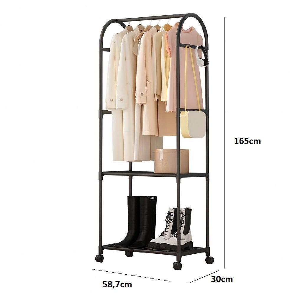 Arara Guarda Roupas Estante 2 Prateleiras Carrinho Organizador Cabideiro Quarto Vestiario Sapateira - 7