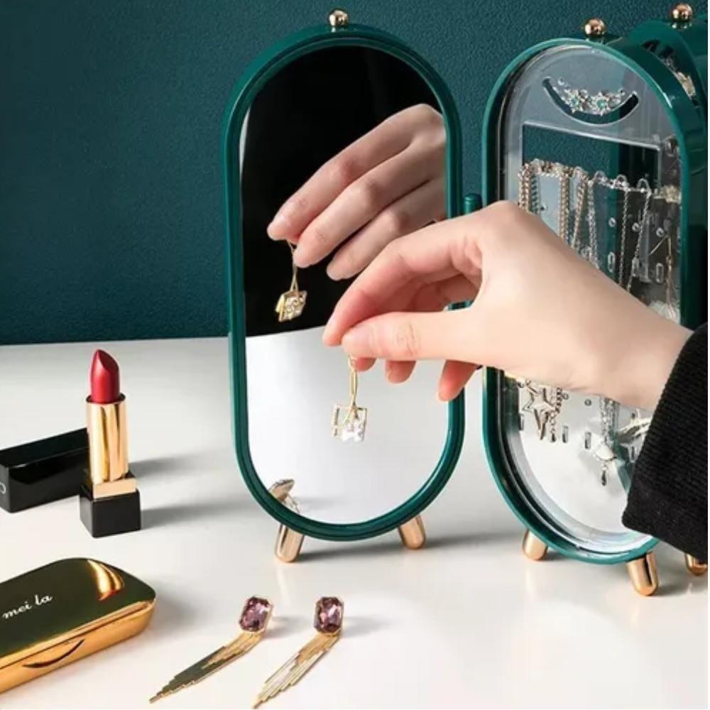Porta Joias Dobravel Espelho 3 Compartimentos Acrilico Organizador Caixa Armazenadora - 4