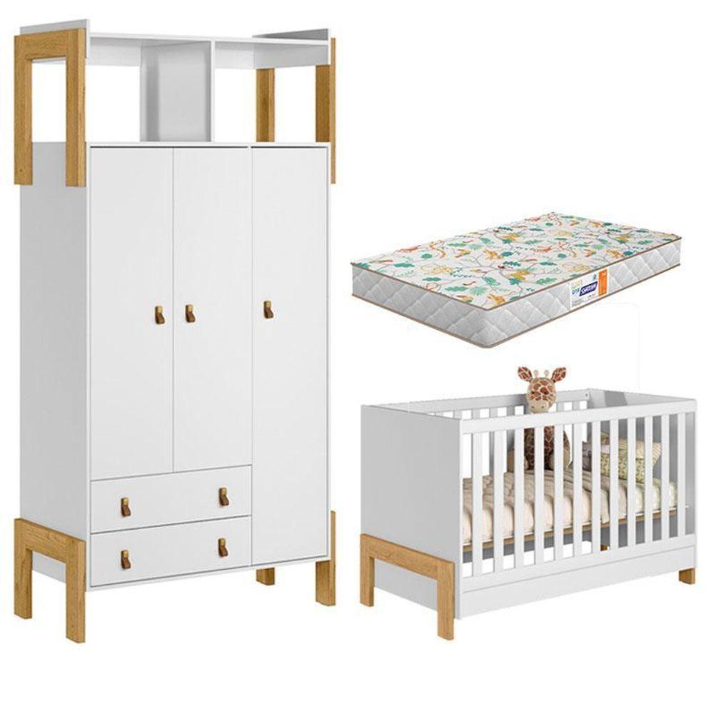 Berço Americano 4300 E Guarda Roupa Infantil 4375 Fantasia Branco Acetinado Com Colchão Gazin – Qmovi - 1