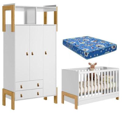 Berço Americano 4300 E Guarda Roupa Infantil 4375 Fantasia Branco Acetinado Com Colchão Ortobom – Qmovi