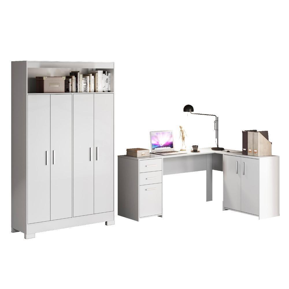 Conjunto Para Escritório 2 Peças Com Escrivaninha Em L E Armário Multiuso 4 Portas Branco Notável Móveis Branco - 4