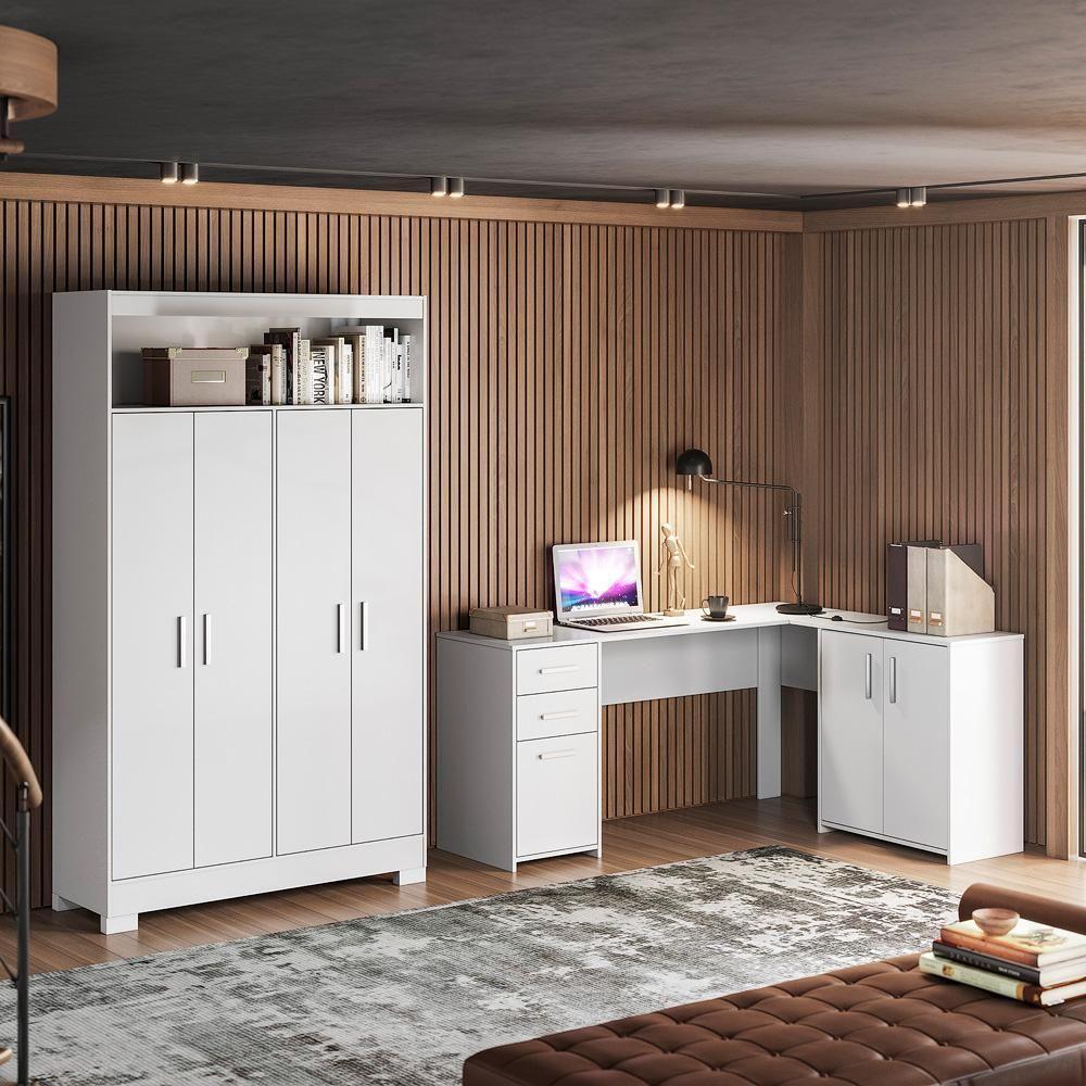 Conjunto Para Escritório 2 Peças Com Escrivaninha Em L E Armário Multiuso 4 Portas Branco Notável Móveis Branco - 7