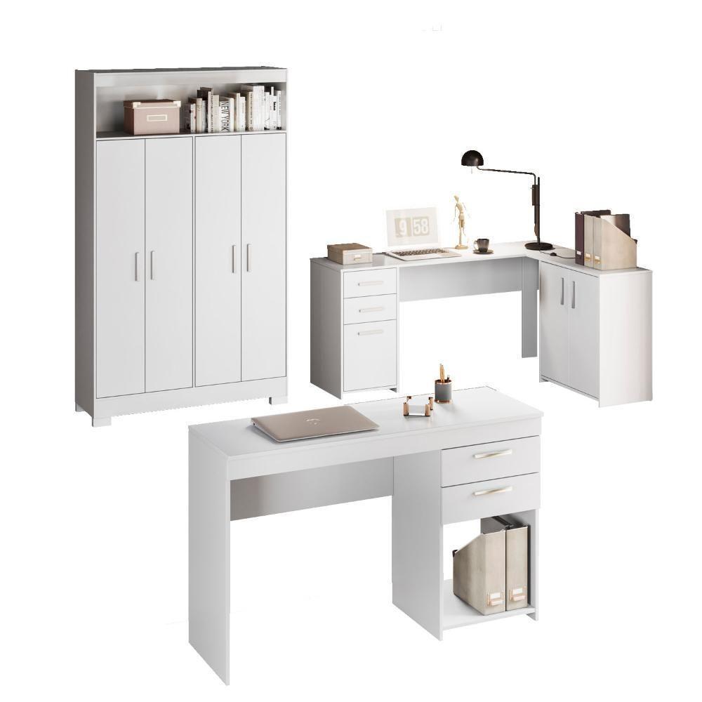 Conjunto Para Escritório 2 Mesas E 1 Armário Multiuso 4 Portas Branco Notável Móveis Branco - 1