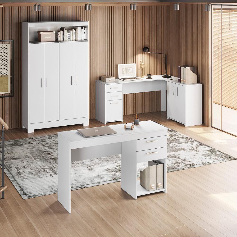 Conjunto Para Escritório 2 Mesas E 1 Armário Multiuso 4 Portas Branco Notável Móveis Branco - 3