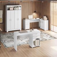 Conjunto Para Escritório 2 Mesas E 1 Armário Multiuso 4 Portas Branco Notável Móveis Branco - 3