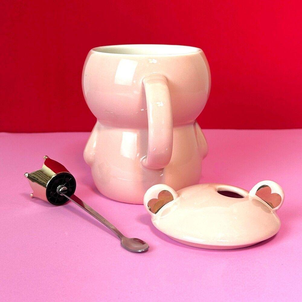 Caneca 3d Porcelana Ursinho Rosa Com Tampa E Colher – Aconchego E Diversão No Café Da Manhã - 3