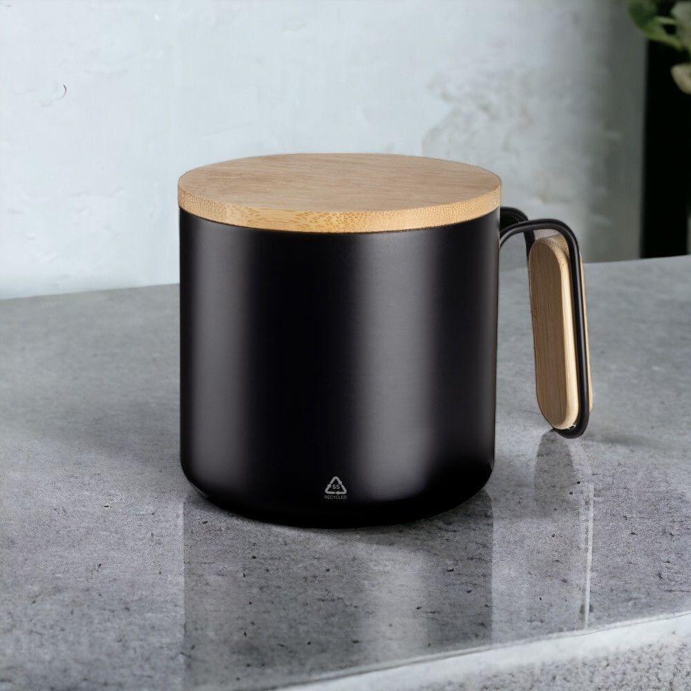 Caneca Térmica De Inox Com Tampa De Bambu E Paredes Duplas - 380ml, Preta - 3