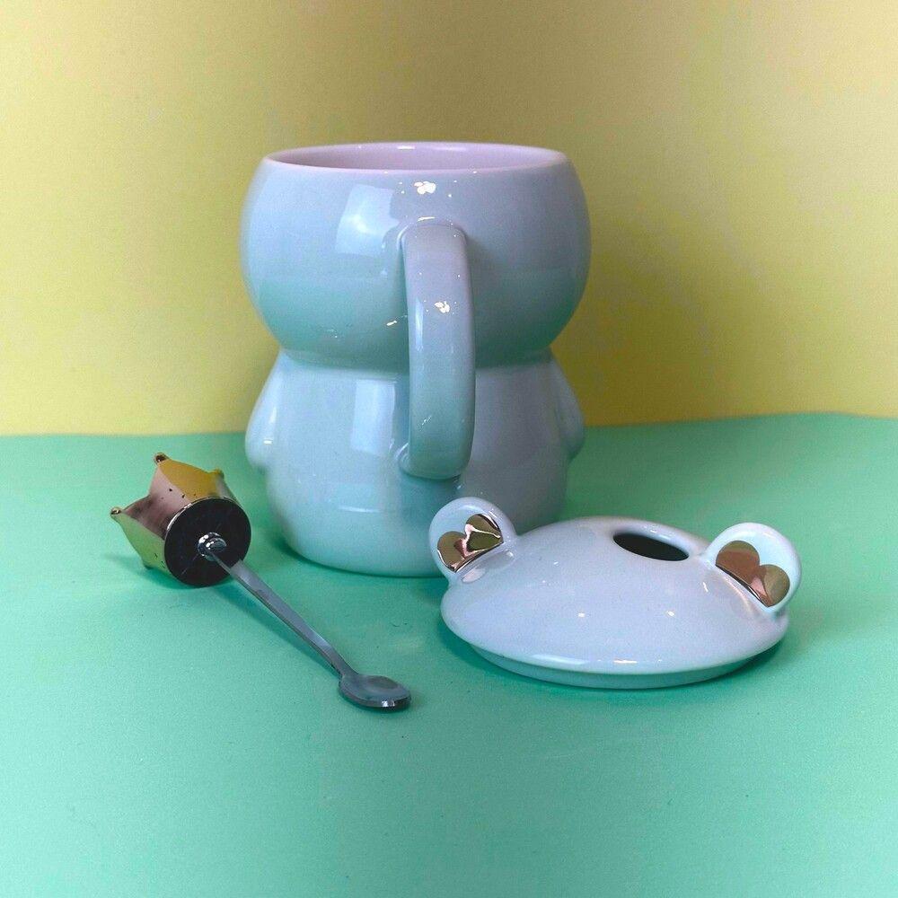 Caneca De Porcelana 3d Com Tampa E Colher - Ursinho Verde, Charmosa E Funcional - 4