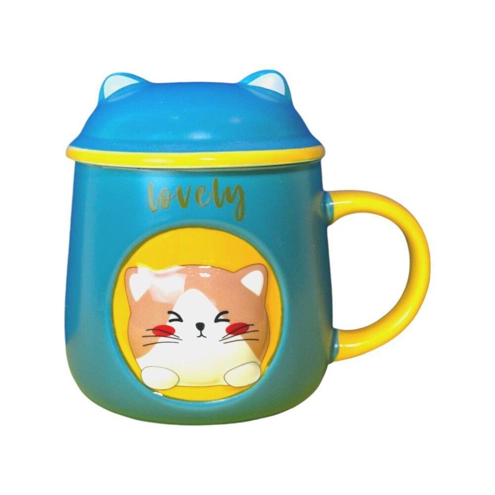 Caneca De Porcelana 3d Gatinho Verde Com Tampa E Colher - Alegria Para O Seu Dia A Dia - 2