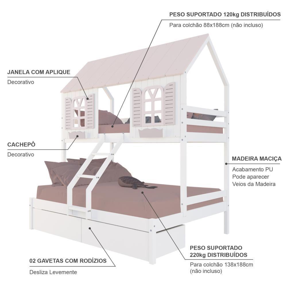 Beliche Casal/ Solteiro Casinha Bela 02 Gavetas - Madeira Maciça Branco/rosa Housin - 4