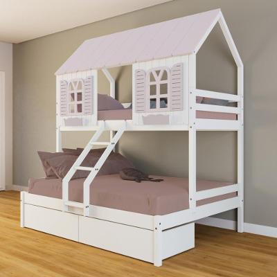 Beliche Casal/ Solteiro Casinha Bela 02 Gavetas - Madeira Maciça Branco/rosa Housin