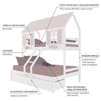 Beliche Casal/ Solteiro Casinha Bela 02 Gavetas - Madeira Maciça Branco/rosa Housin
