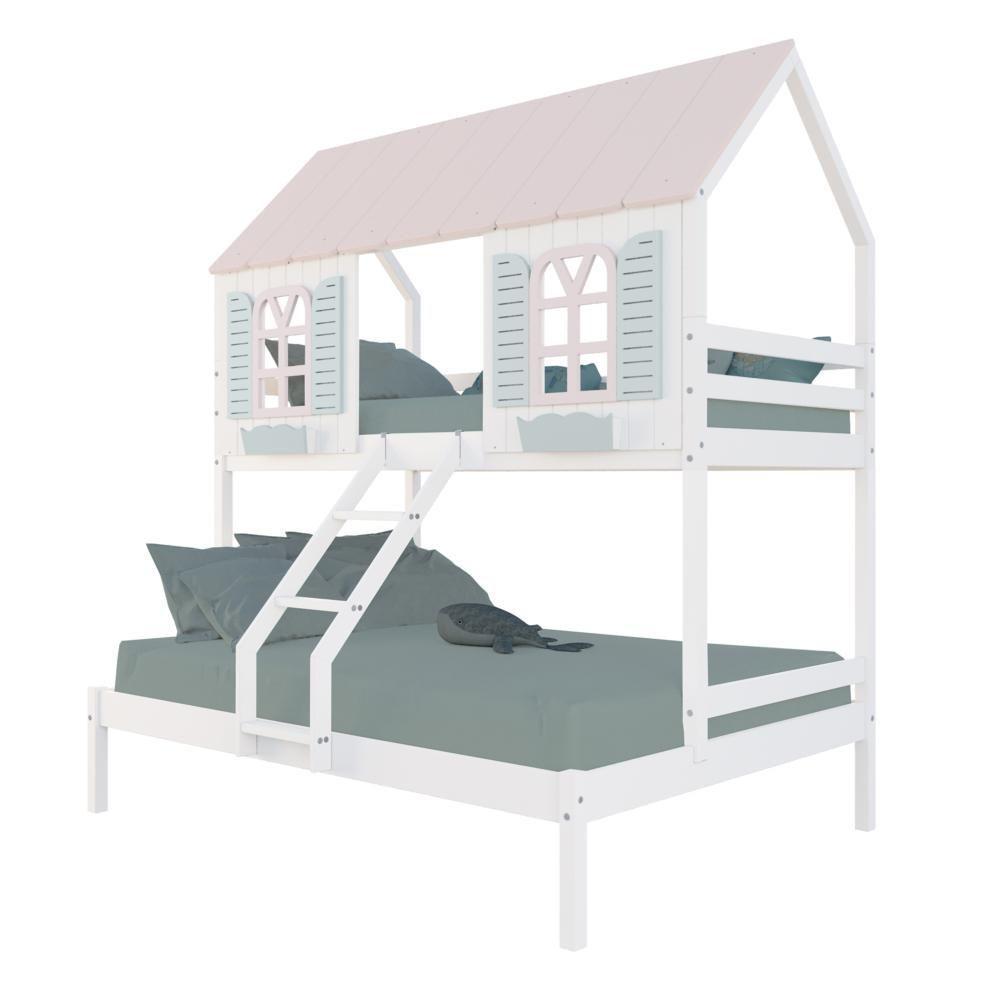 Beliche Casal/ Solteiro Casinha Bela - Madeira Maciça Branco/rosa/verde Housin - 2