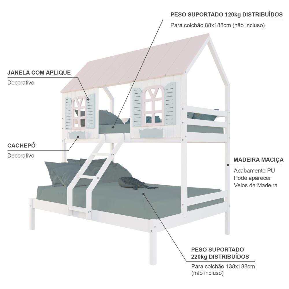 Beliche Casal/ Solteiro Casinha Bela - Madeira Maciça Branco/rosa/verde Housin - 4