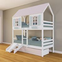 Beliche Casinha Bela Com 2 Gavetas Rosa Kit Escada/escorregador - Madeira Maciça Branco/rosa/verde Housin - 1