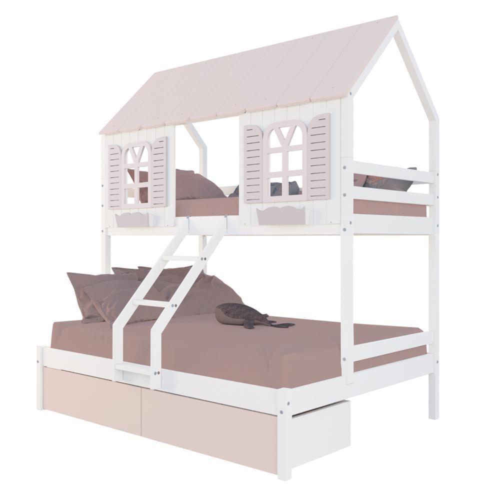 Beliche Casal/ Solteiro Casinha Bela 02 Gavetas Rosa - Madeira Maciça Branco/rosa Housin - 2