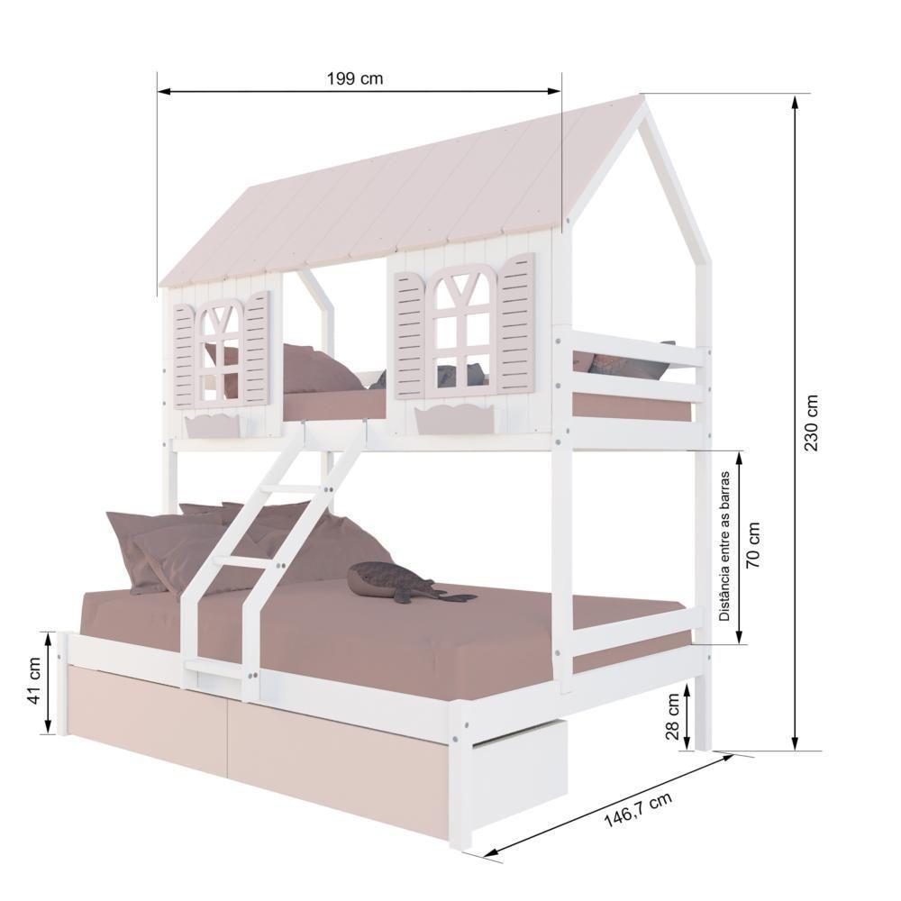 Beliche Casal/ Solteiro Casinha Bela 02 Gavetas Rosa - Madeira Maciça Branco/rosa Housin - 3