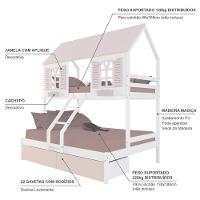 Beliche Casal/ Solteiro Casinha Bela 02 Gavetas Rosa - Madeira Maciça Branco/rosa Housin