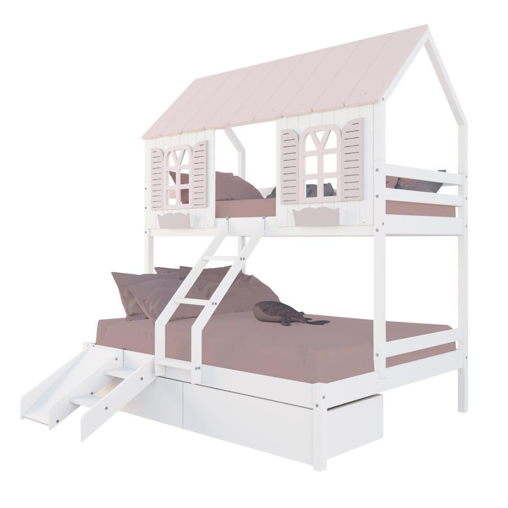 Beliche Casal/ Solteiro Casinha Bela 02 Gavetas Kit Escada/escorregador - Madeira Maciça Branco/rosa Housin - 2