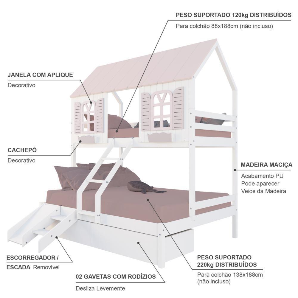 Beliche Casal/ Solteiro Casinha Bela 02 Gavetas Kit Escada/escorregador - Madeira Maciça Branco/rosa Housin - 4
