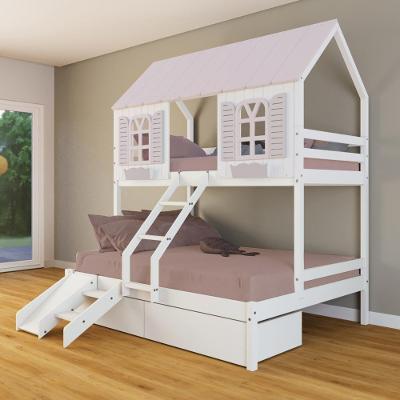 Beliche Casal/ Solteiro Casinha Bela 02 Gavetas Kit Escada/escorregador - Madeira Maciça Branco/rosa Housin