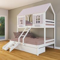 Beliche Casal/ Solteiro Casinha Bela 02 Gavetas Kit Escada/escorregador - Madeira Maciça Branco/rosa Housin - 1