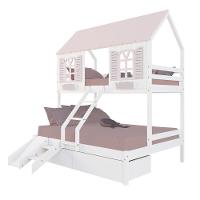 Beliche Casal/ Solteiro Casinha Bela 02 Gavetas Kit Escada/escorregador - Madeira Maciça Branco/rosa Housin - 2