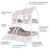 Beliche Casal/ Solteiro Casinha Bela 02 Gavetas Kit Escada/escorregador - Madeira Maciça Branco/rosa Housin