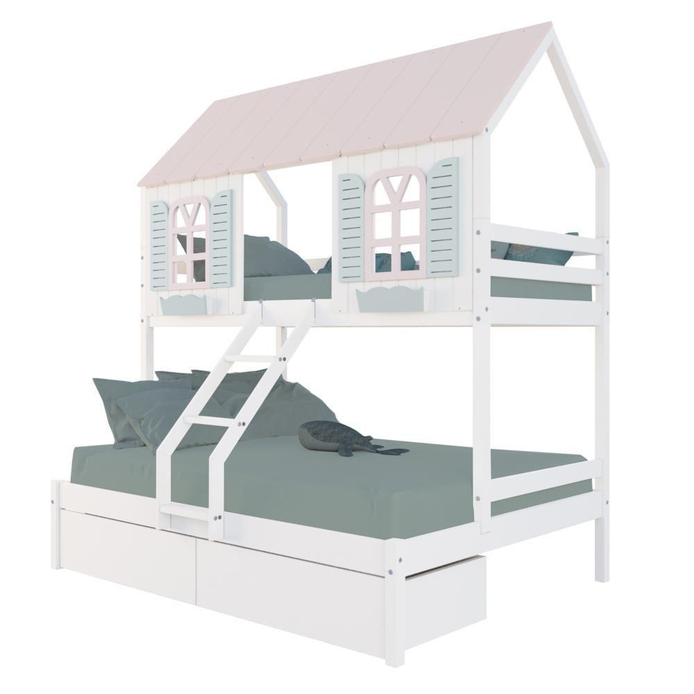 Beliche Casal/ Solteiro Casinha Bela 02 Gavetas - Madeira Maciça Branco/rosa/verde Housin - 2