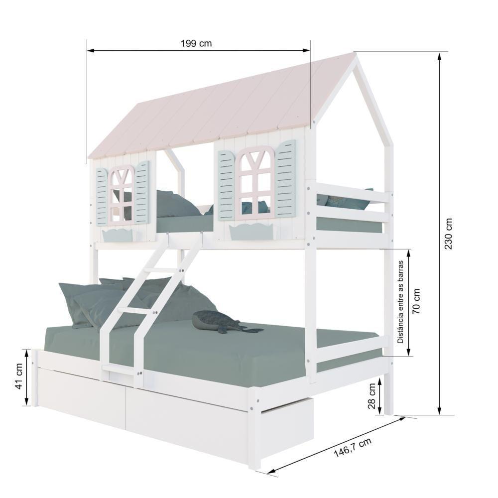 Beliche Casal/ Solteiro Casinha Bela 02 Gavetas - Madeira Maciça Branco/rosa/verde Housin - 3