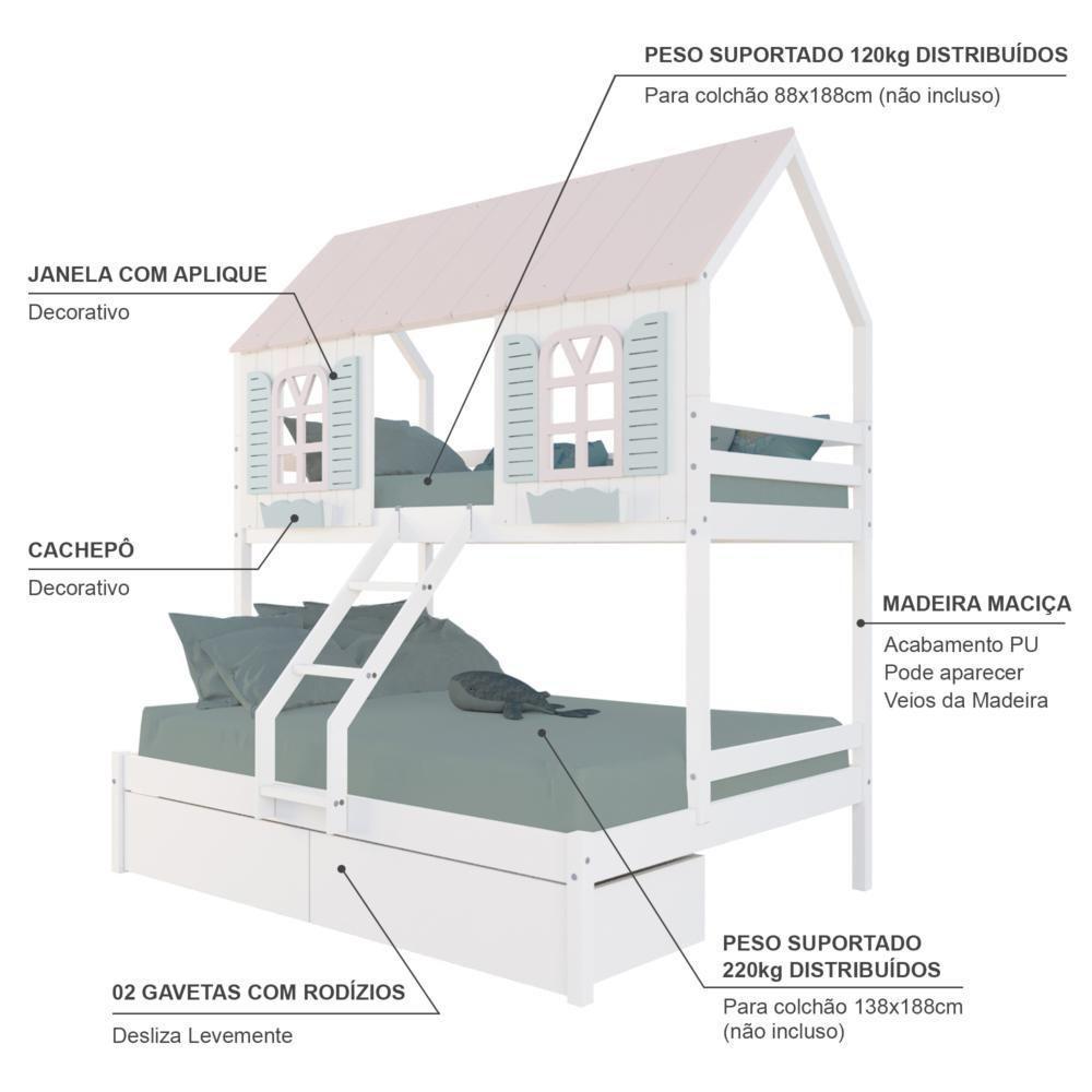 Beliche Casal/ Solteiro Casinha Bela 02 Gavetas - Madeira Maciça Branco/rosa/verde Housin - 4