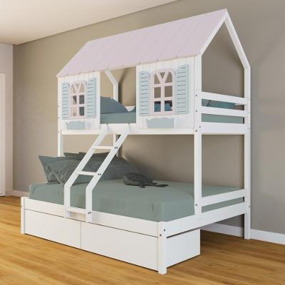 Beliche Casal/ Solteiro Casinha Bela 02 Gavetas - Madeira Maciça Branco/rosa/verde Housin