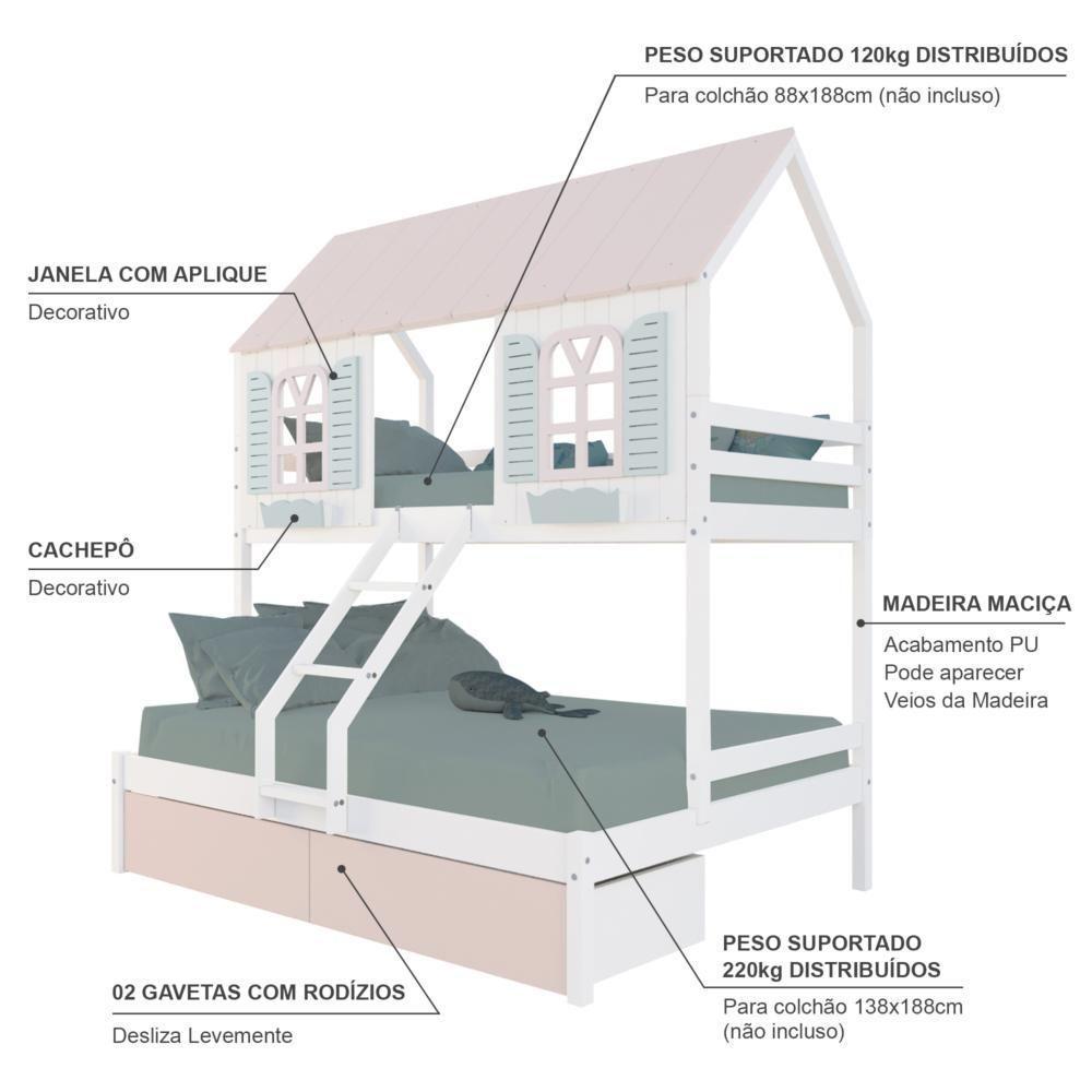 Beliche Casal/ Solteiro Casinha Bela 02 Gavetas Rosa - Madeira Maciça Branco/rosa/verde Housin - 4