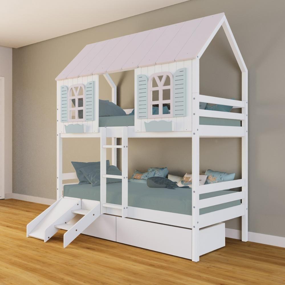 Beliche Casinha Bela Com 2 Gavetas Kit Escada/escorregador - Madeira Maciça Branco/rosa/verde Housin - 1