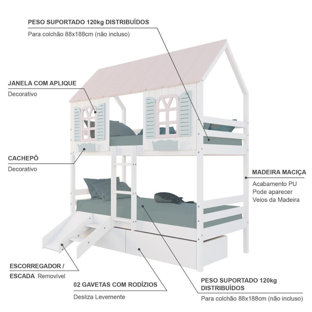 Beliche Casinha Bela Com 2 Gavetas Kit Escada/escorregador - Madeira Maciça Branco/rosa/verde Housin - 4
